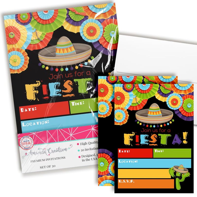 Amanda Creation Fiesta Mexican Themed Party Invitations for Birthday Celebration, Retirement, or Cinco De Mayo, 20 5x7 Fill In Cards with Twenty White Envelopes by AmandaCreation - Image 1